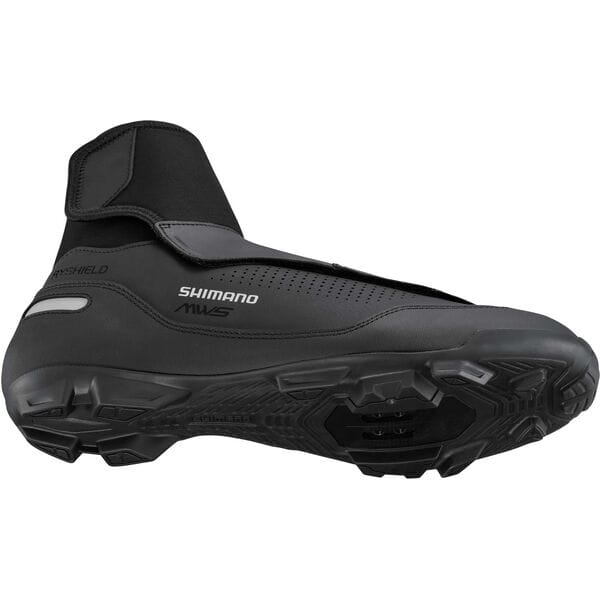 Shimano MW5 (MW502) DryShield MTB cycling shoes showing waterproof design, reflective accents, and warm, durable footwear for mountain biking.