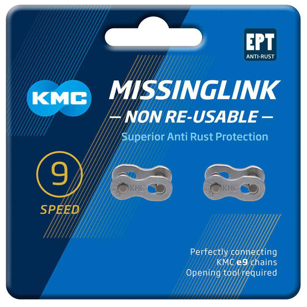 KMC Missinglink 9X EPT quick release chain link in a two-pack, bicycle chain component, non-reusable spare and accessory.