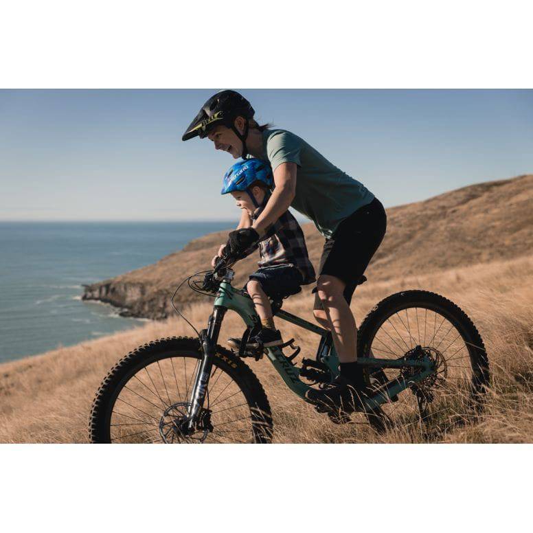 Kids Ride Shotgun 2.0 black child bike seat with handlebars, designed for safe and comfortable riding for kids.