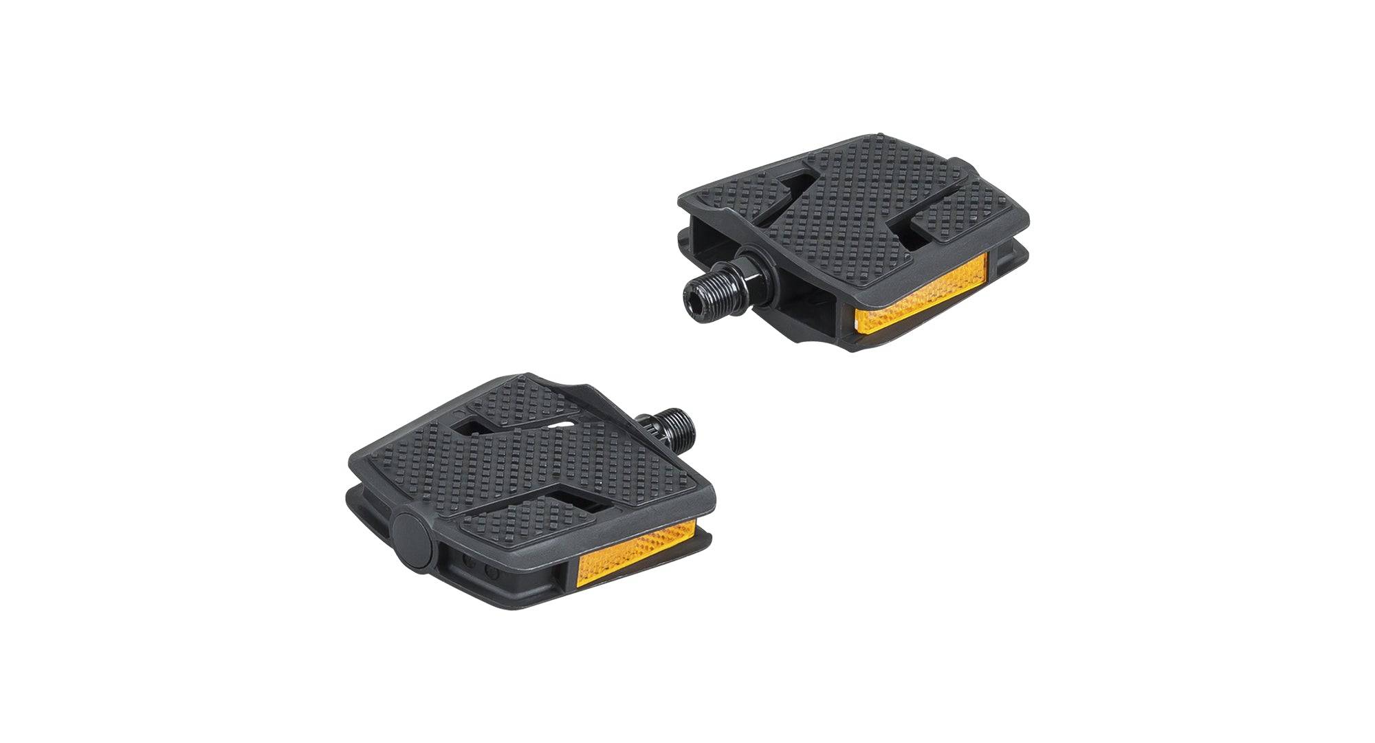 Trek Kids' large black platform bike pedals with 9/16-inch spindles, durable components for children's bicycles.