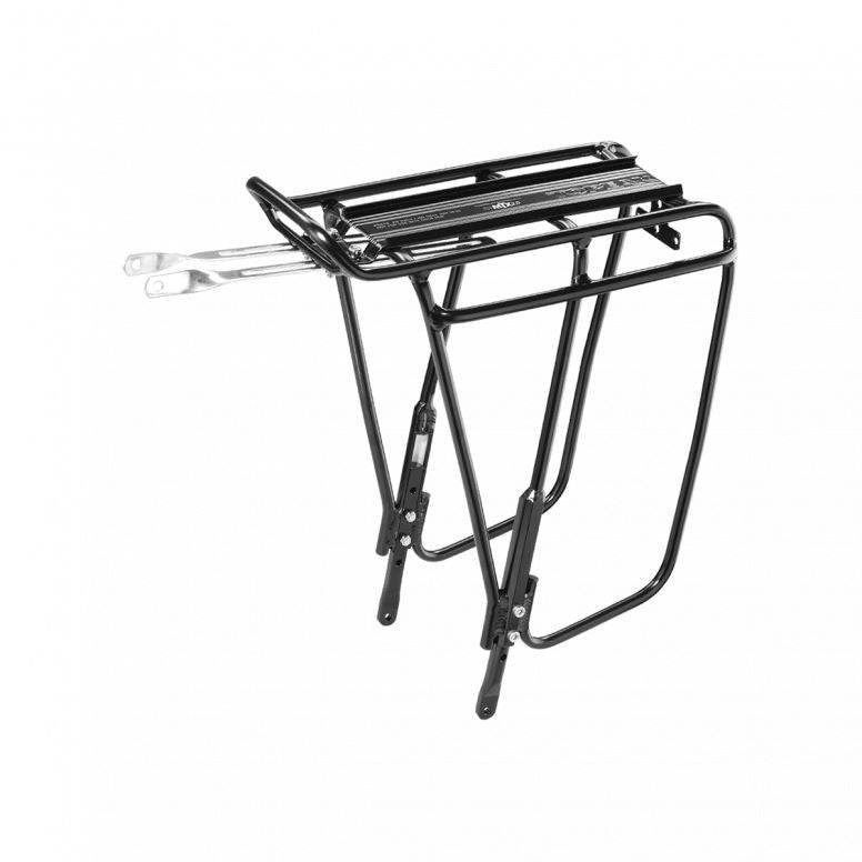 Topeak Uni Super Tourist DX 2.0 rear bike rack in black with MTX QuickTrack, designed for touring and carrying gear.