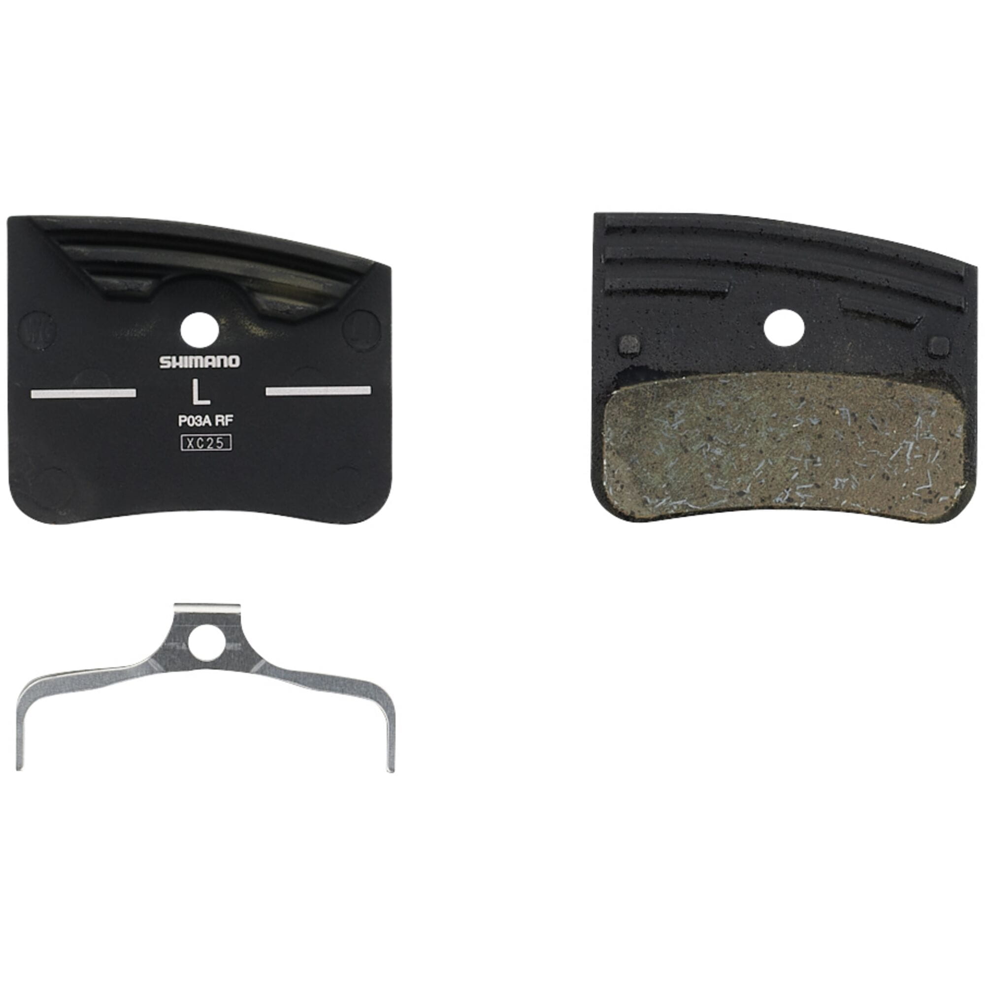 Shimano XTR P03A-RF resin disc brake pads with alloy back and cooling fins for mountain bike braking components.