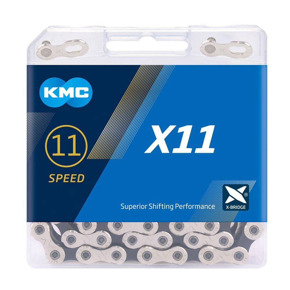 KMC X11 11-speed silver and black bike chain with 118 links and X-Bridge technology, designed for high-performance cycling components.