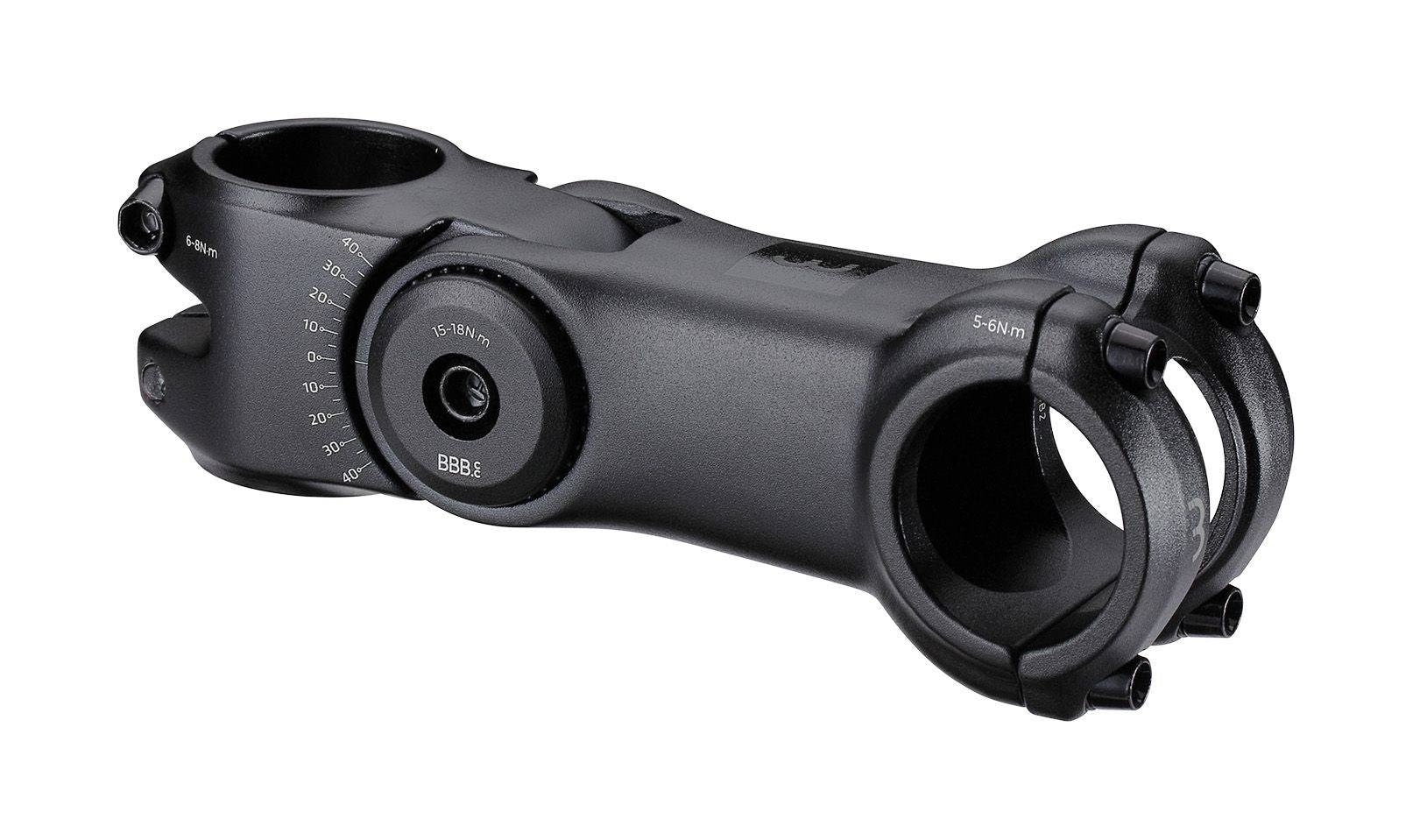 BBB Highsix OS adjustable bike stem with 31.8mm clamp, ±40° angle, suitable for e-bikes, shown with mounting hardware.
