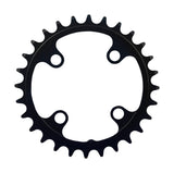 FSA alloy modular MTB chainring 68x28T black 2x11 speed with 4-hole bolt pattern, mounted on bike crankset.