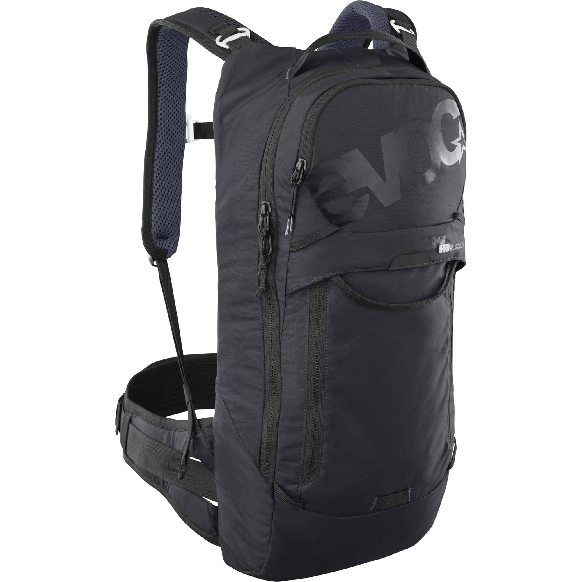EVOC Trail Pro Blackline 10L Protector Backpack with LITESHIELD back protection, shown in black with adjustable straps and compartments.
