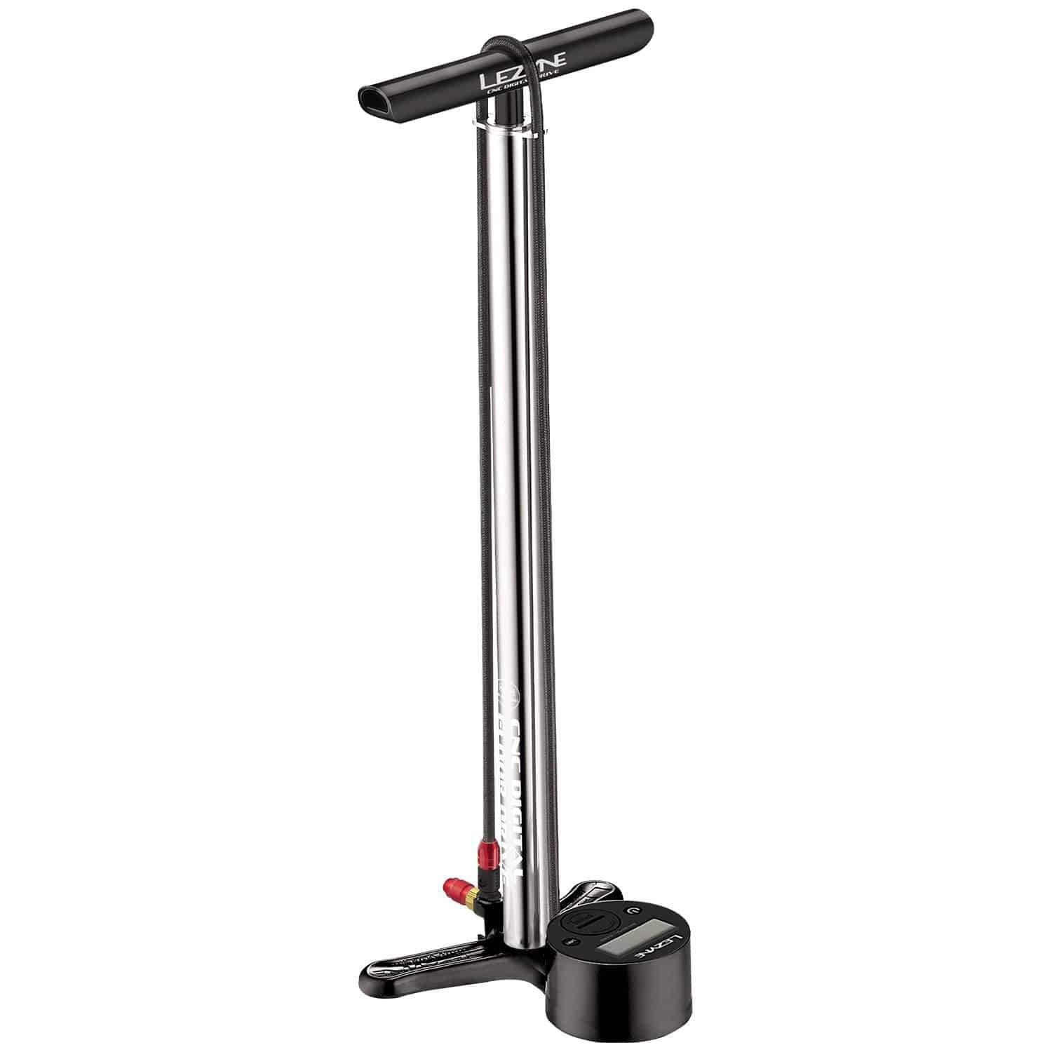 Lezyne CNC Digital Drive 3.5 floor pump with large digital gauge, silver hi-gloss finish, ideal for bike tire inflation accessories.