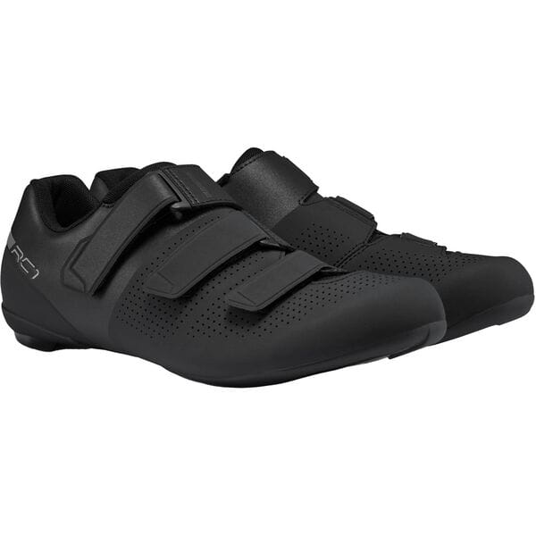 Shimano RC1 unisex road cycling shoes with stiffness 6 sole, black with Shimano branding, shown from side angle.