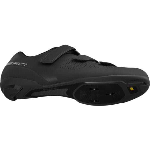 Shimano RC1 (RC102) unisex road cycling shoes with stiffness 6 sole, showing black and white design and secure strap closure.