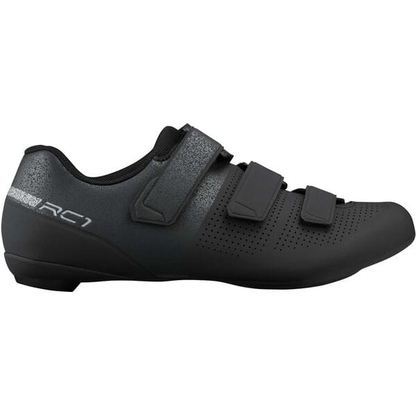 Shimano RC1W women's road cycling shoes with reflective safety features, black and white design, and secure closure system