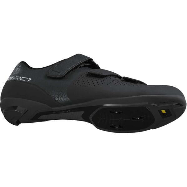 Shimano RC1W women's road cycling shoes with reflective safety features, black with white accents, and adjustable straps.