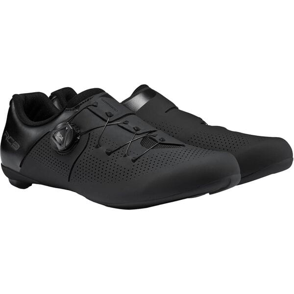 Shimano RC3 Road Cycling Shoes with BOA dial and reflective print, shown in black with sleek design and secure closure system.
