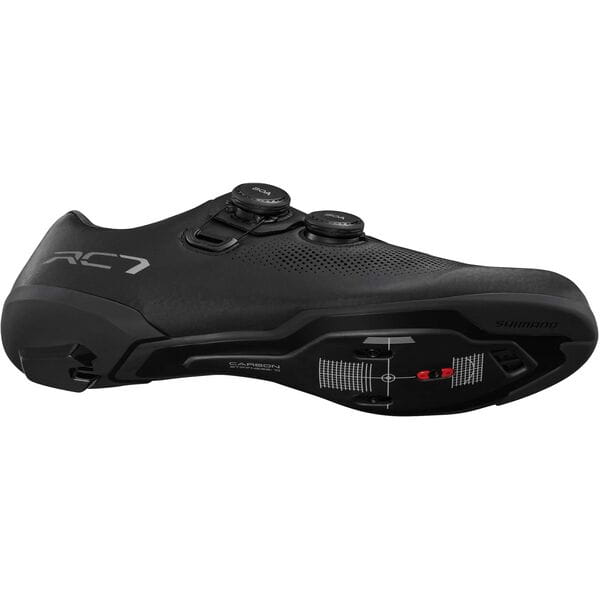 Shimano RC7 road cycling shoes with dual BOA L6Z dials and reflective print, designed for performance cycling.