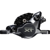 Shimano Deore XT BR-M8200 2-pot hydraulic disc brake caliper for front or rear post mount, black component on bike.