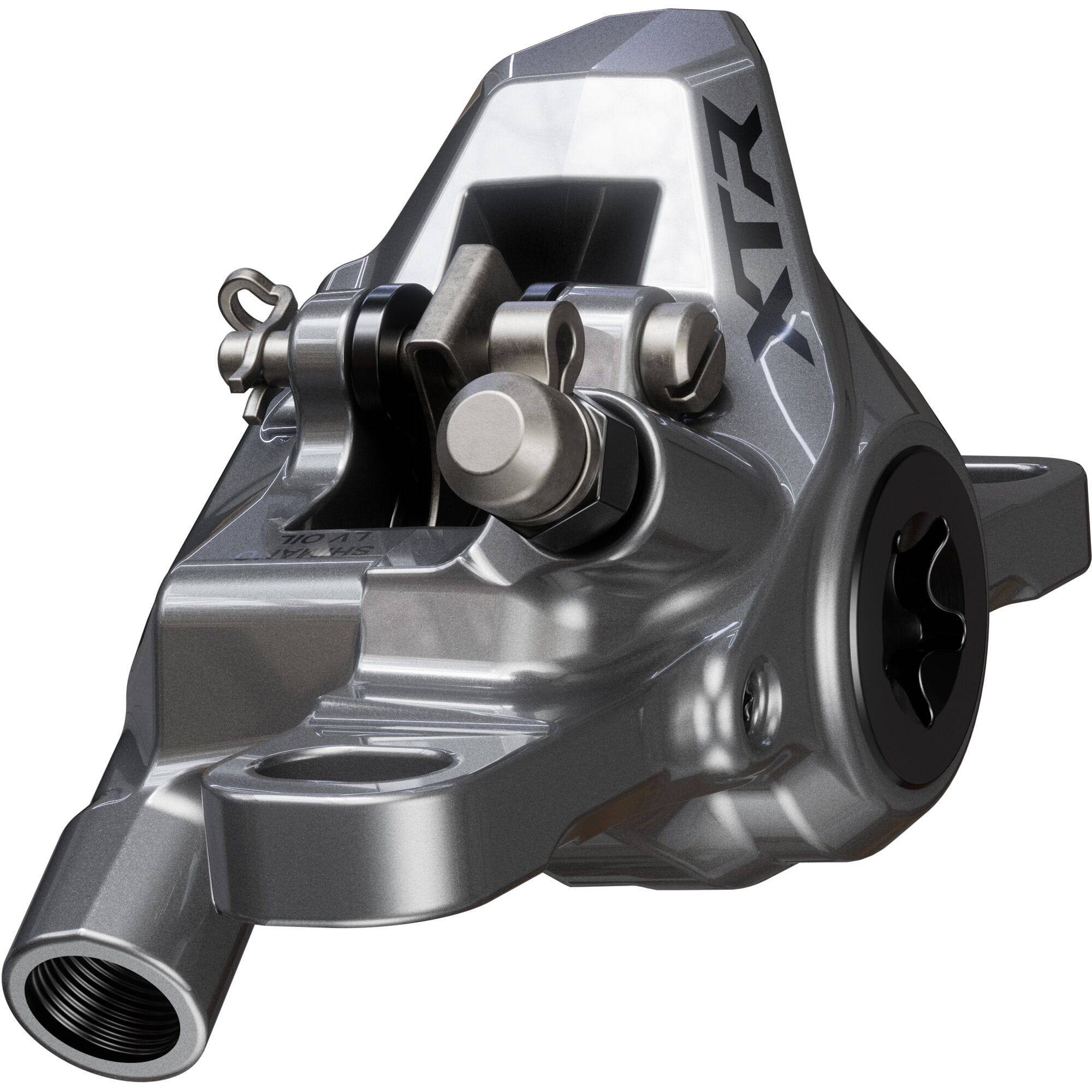 Shimano XTR BR-M9200 2-pot post mount disc brake caliper for front or rear mountain biking, black and silver finish.