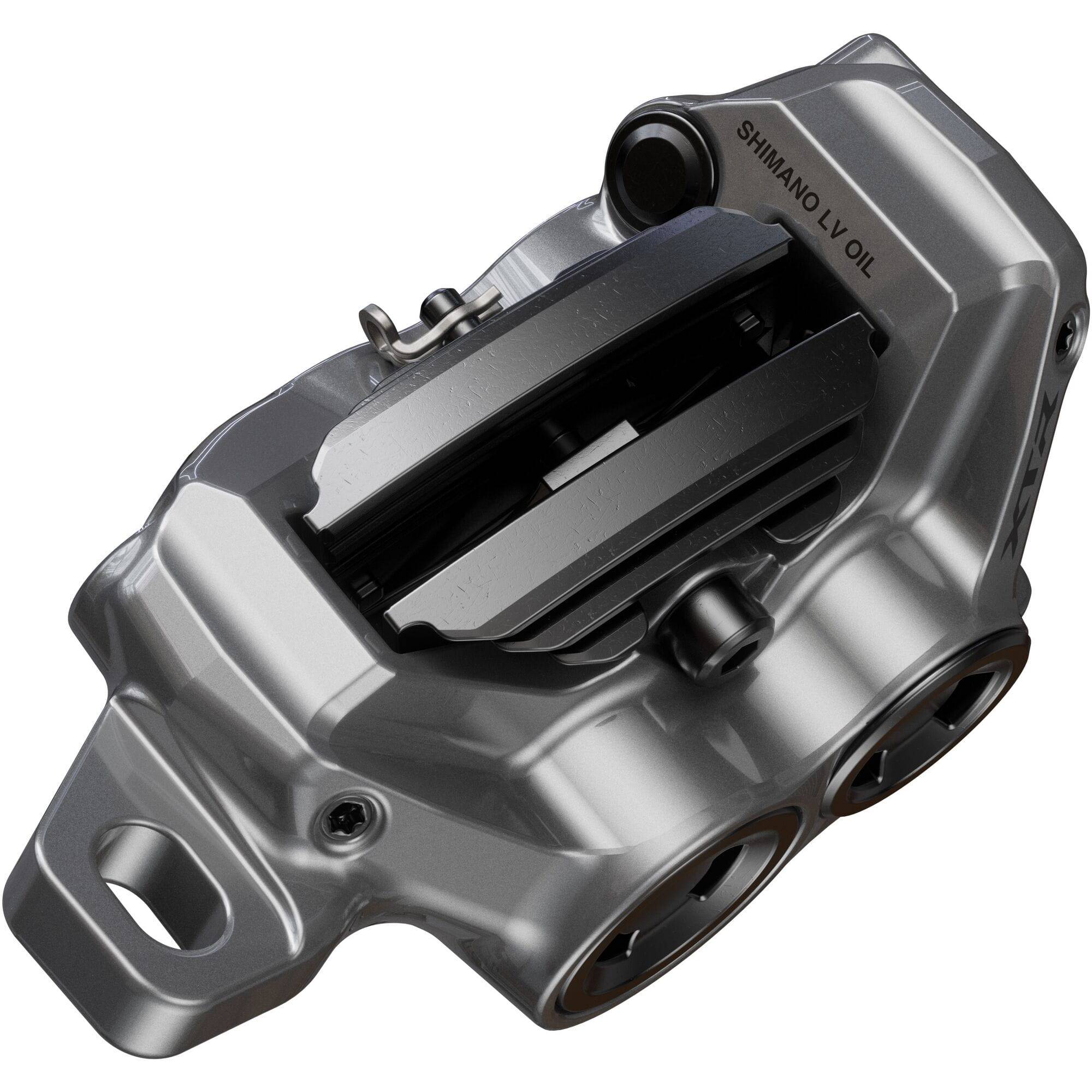 Shimano XTR BR-M9220 4-pot hydraulic disc brake caliper for front or rear post mount bike disc brake system.