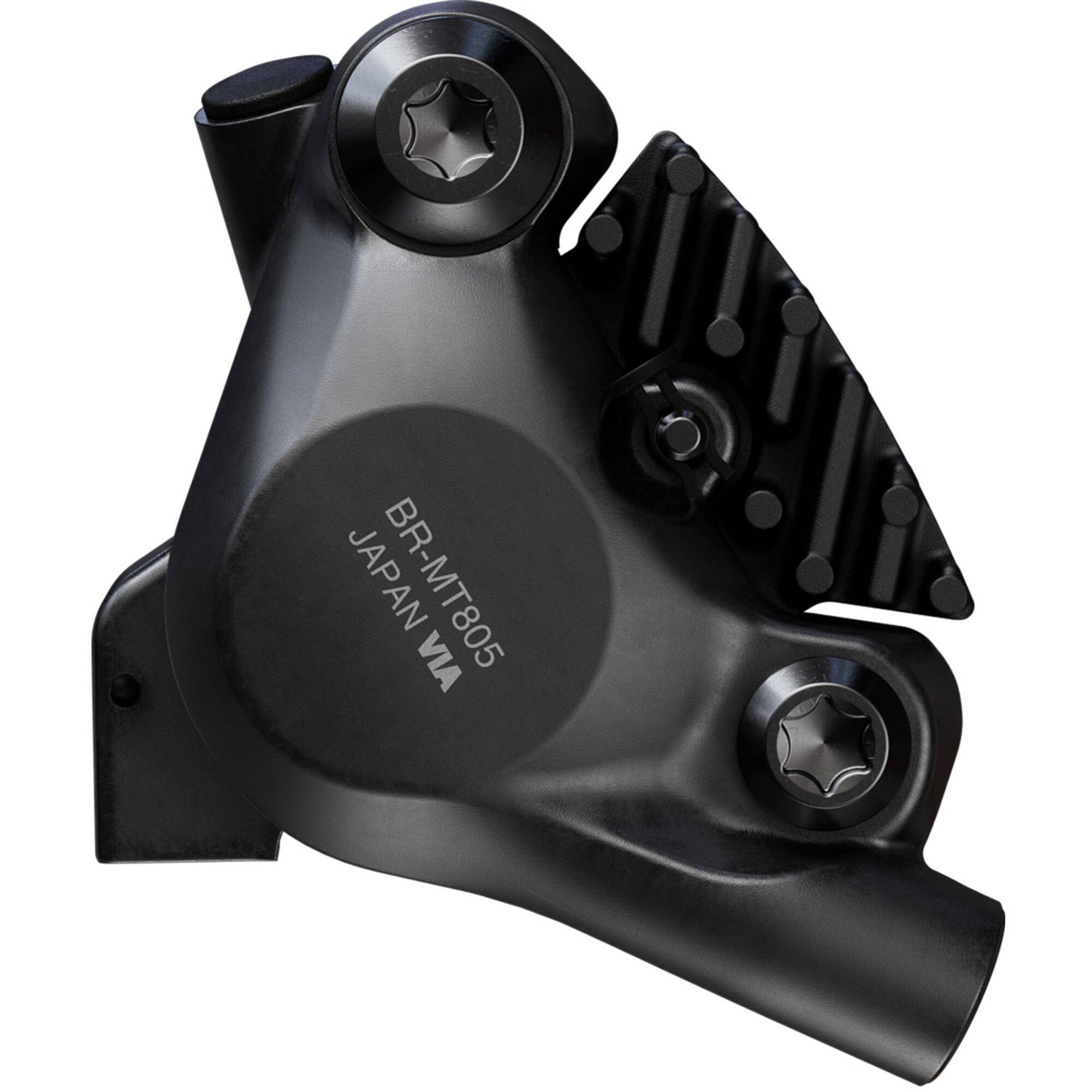 Shimano Deore XT BR-MT805 rear 2-pot flat mount disc brake caliper for bikes, shown in black with mounting hardware.
