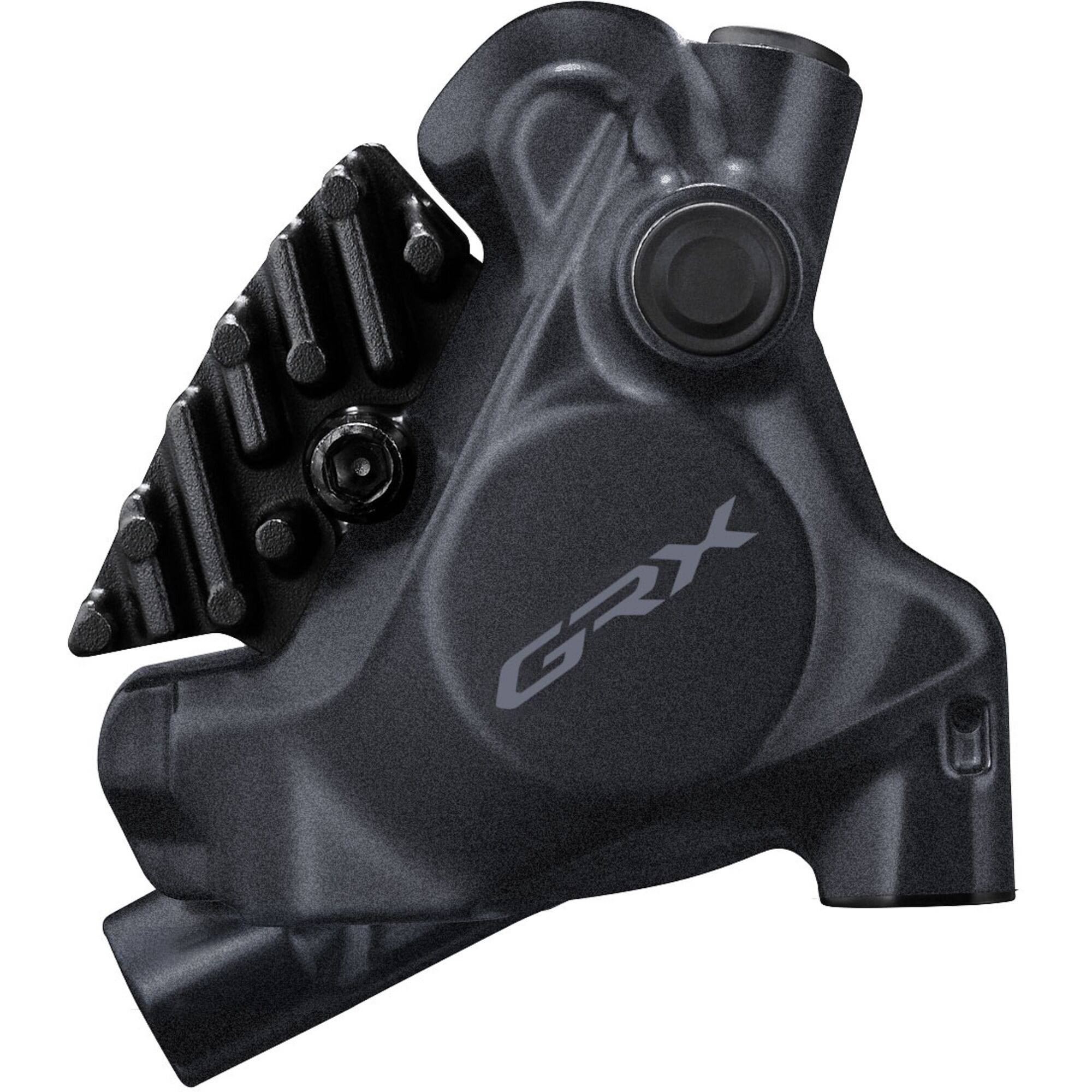 Shimano GRX RX410 rear flat mount hydraulic disc brake caliper with black finish for gravel or mountain bikes.