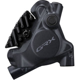 Shimano GRX RX410 rear flat mount hydraulic disc brake caliper with black finish for gravel or mountain bikes.