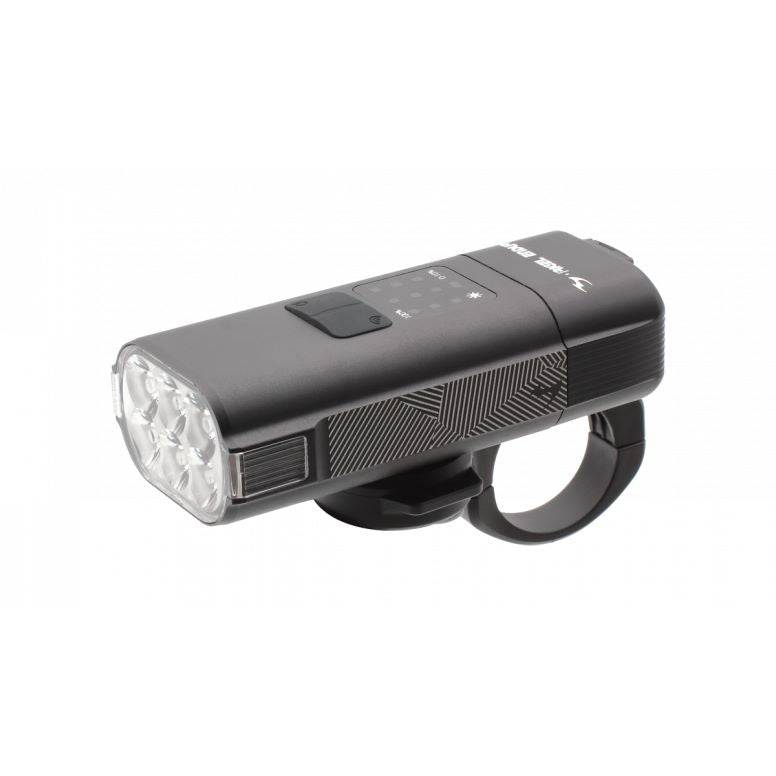 Moon Sport Rigel Enduro 2600lm front bike light in black with USB-C charging port, mounted on a bicycle for visibility.