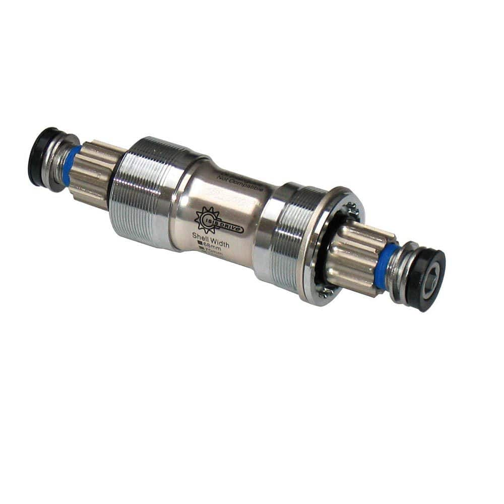 Gusset Components Trident ISIS BB bottom bracket with triple sealed bearings and E-Type compatibility, shown installed on a bicycle.