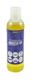 Morgan Blue Muscle Up Pre-Sports Oil bottle, 200cc, used to stimulate muscles and boost circulation during sports activities.