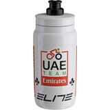 Elite Fly UAE Team Emirates 2026 cycling water bottle, 550 ml bidon, with sports cap and team logo, designed for cycling accessories.