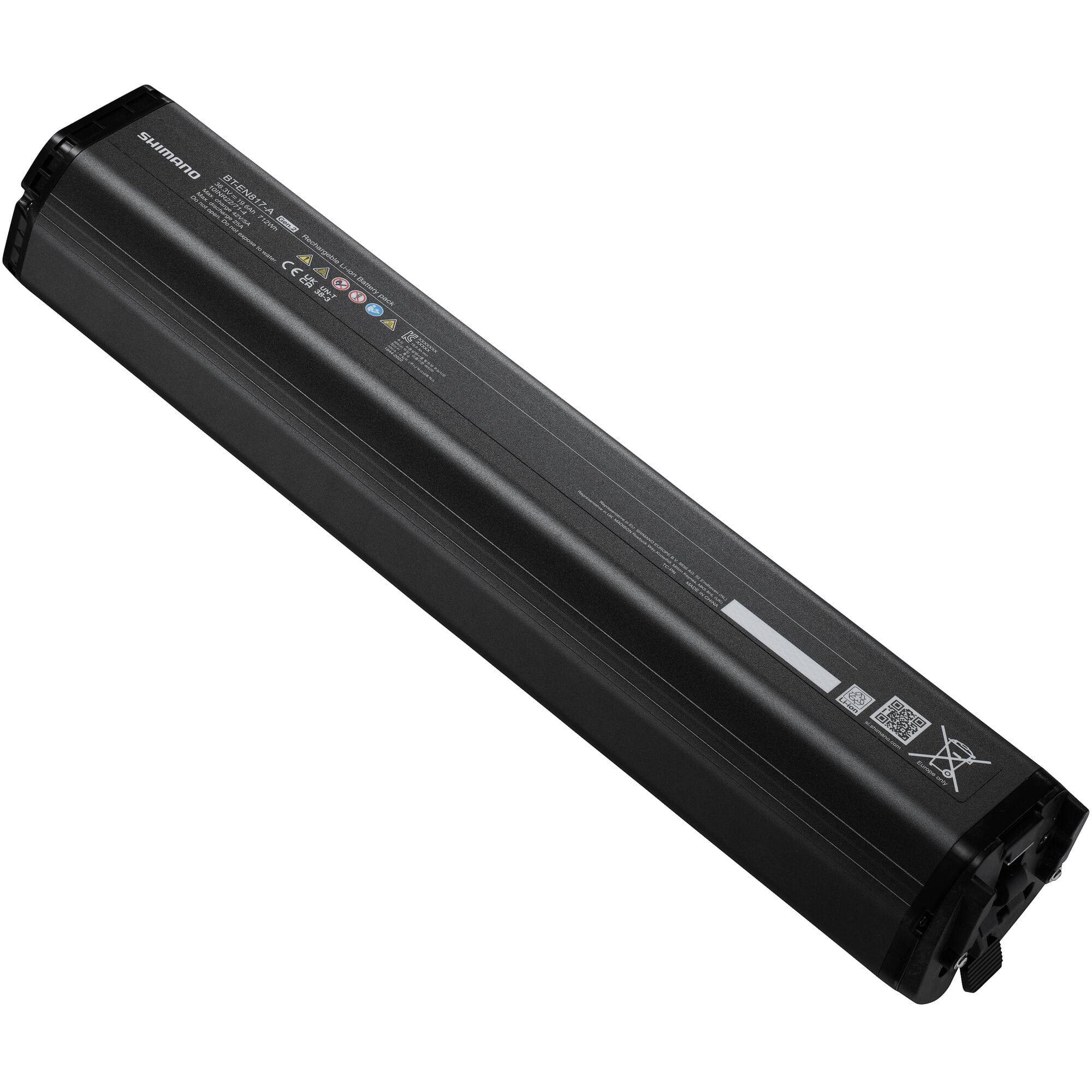 Shimano STEPS BT-EN817 712Wh internal down tube e-bike battery, showing the sleek black design and mounting interface.