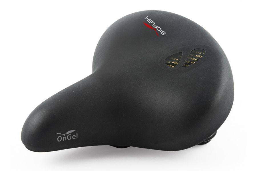 Bioflex onGEL unisex black bike saddle with shock absorption and easy clip compatibility, designed for comfortable cycling.