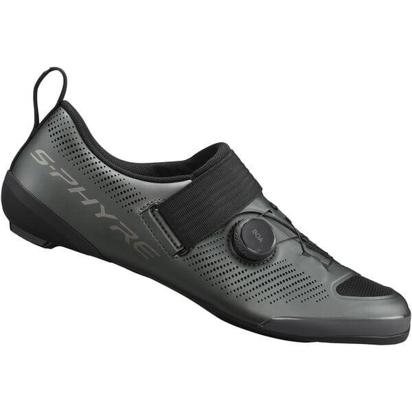 Shimano S-PHYRE TR9 triathlon road shoes with BOA Li2 dial, featuring sleek design and breathable upper for triathlon cycling.