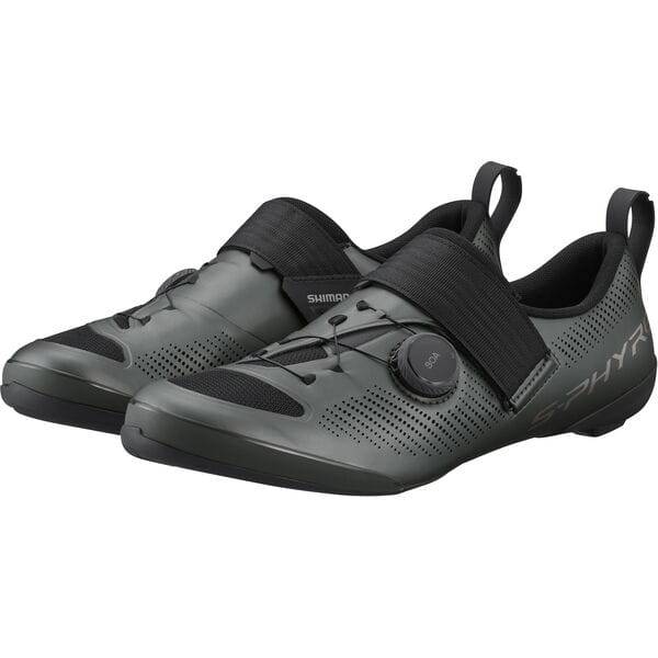 Shimano S-PHYRE TR9 triathlon road shoes with BOA Li2 dial and sleek black design, designed for high-performance cycling.