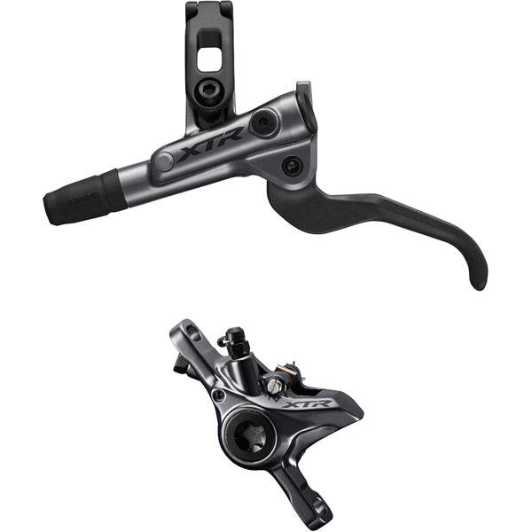 Shimano XTR BR-M9100 I-Spec EV post mount brake lever and caliper set for mountain bikes, with detailed components visible.