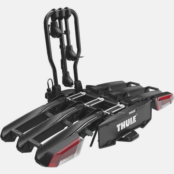 Thule EasyFold 3-Bike tow bar carrier with AcuTight mechanism and 13-pin connector, designed for secure bicycle transport.