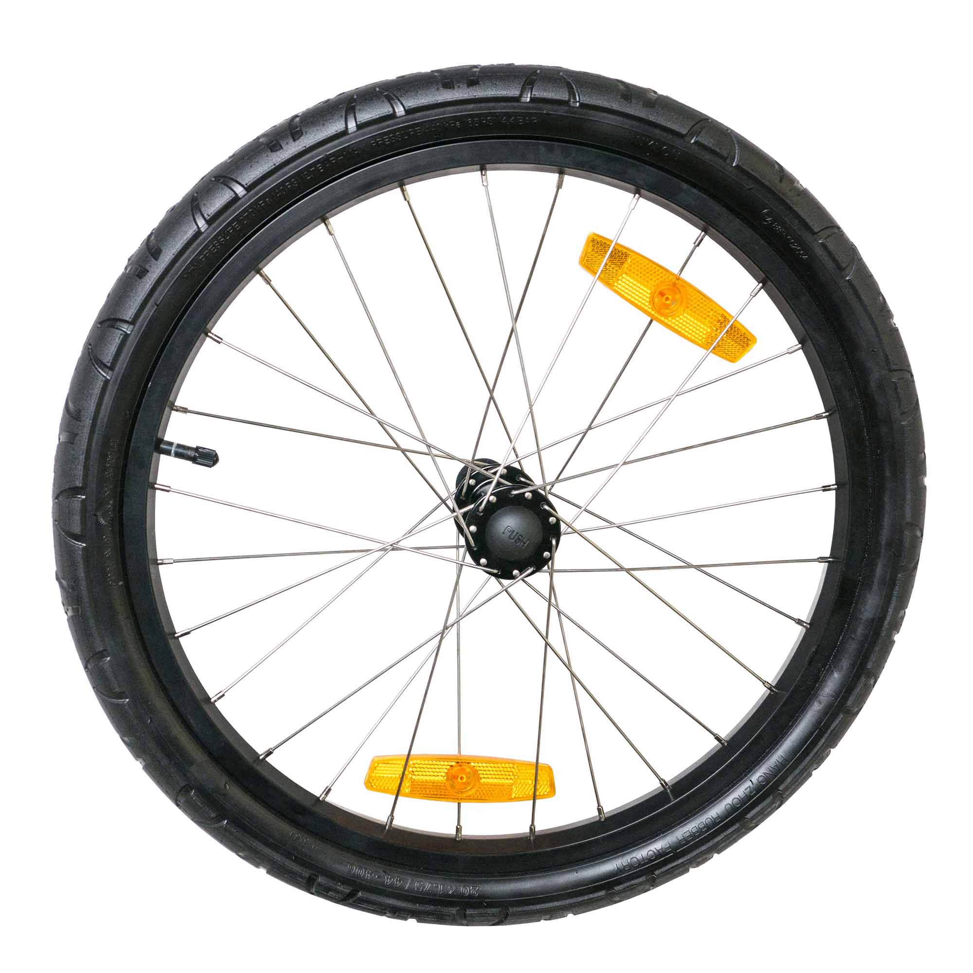 Burley 20-inch replacement wheel with recessed push button for Cub bike trailer, designed for model 2014+ accessories.