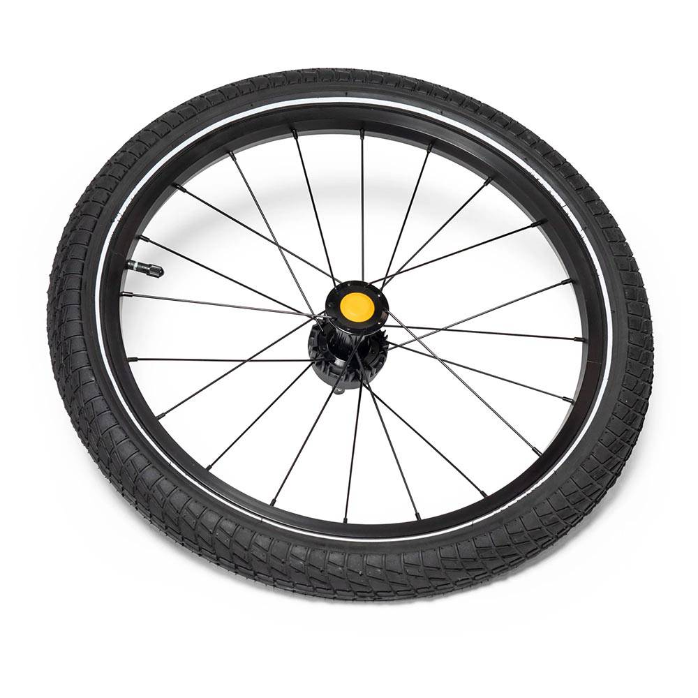 Burley 20-inch push button wheel assembly with axle, tyre, and inner tube for bike accessories.