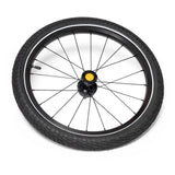 Burley 20-inch push button wheel assembly with axle, tyre, and inner tube for bike accessories.