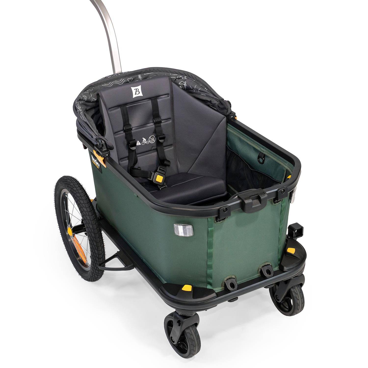 Burley Hopper seat insert and sunshade kit for stroller wagon conversion, showing padded seat with sunshade attached.