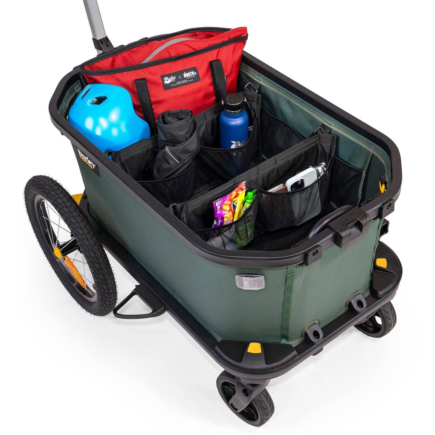 Burley Hopper Interior Organizer Kit with dividers and mesh pockets for trailer storage, shown in a trailer interior.