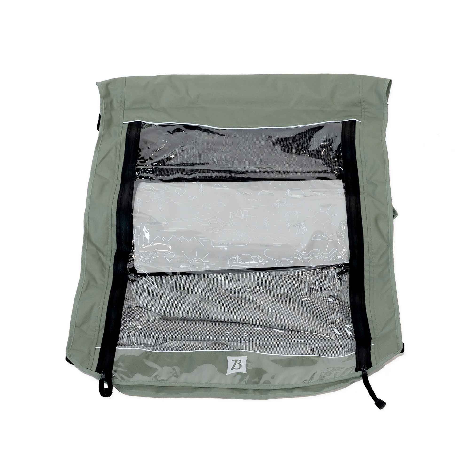 Burley D'Lite & Cub trailer cover with waterproof zippers and adjustable sunshade, designed as an accessory for bike trailers.