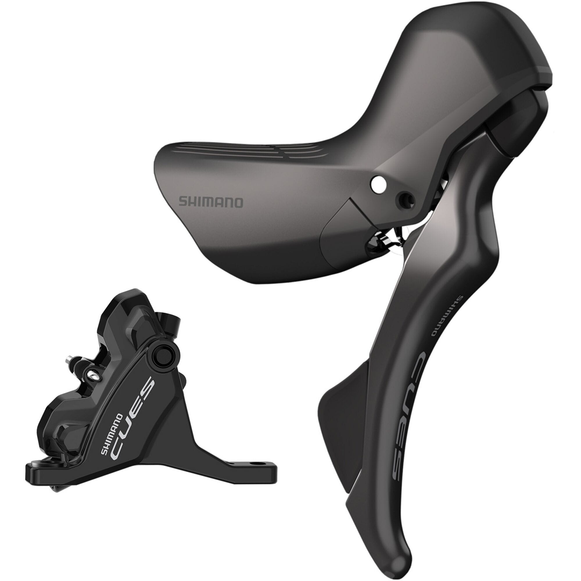 Shimano CUES hydraulic mechanical STI set with flat mount caliper for front 160mm brake rotor, bicycle component.