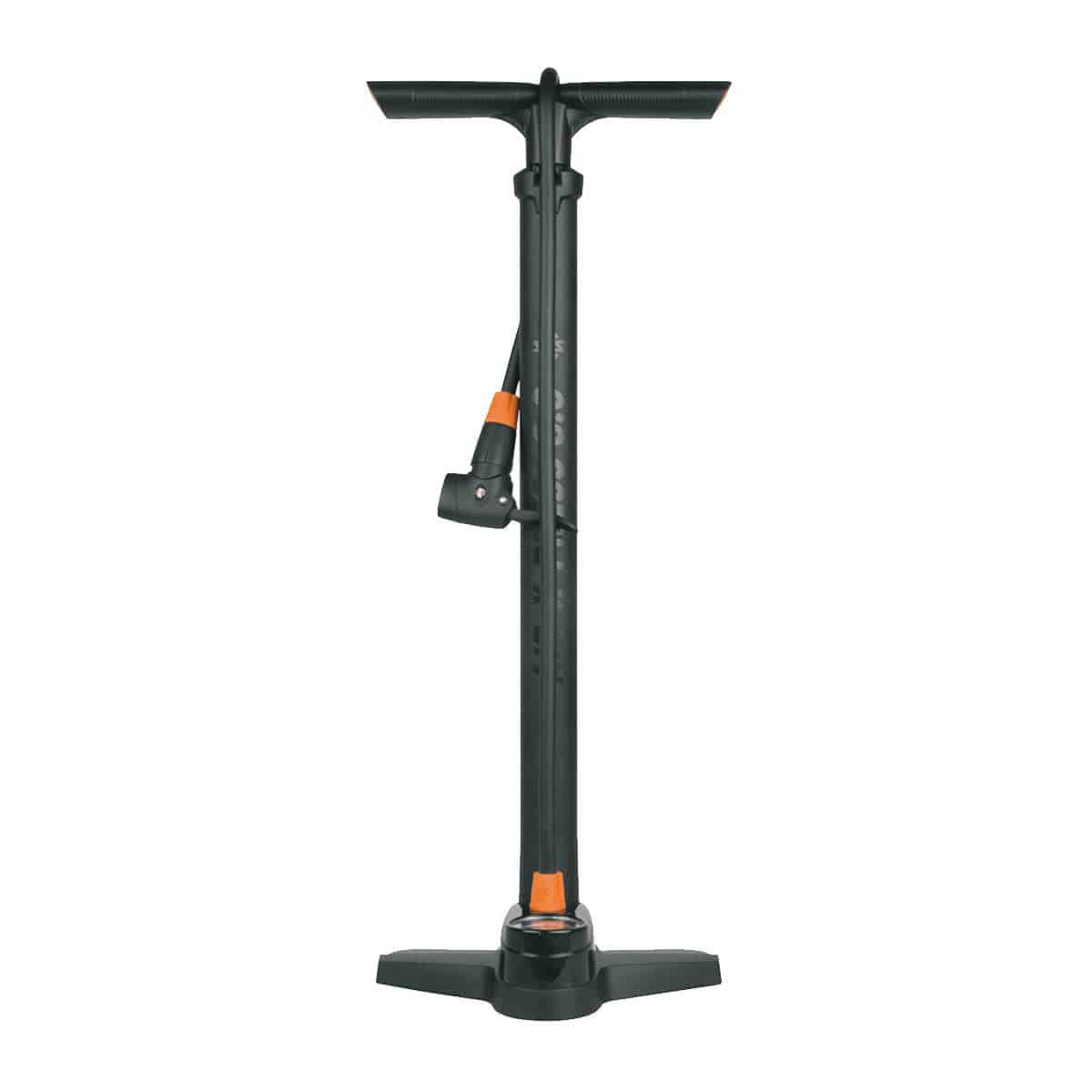 SKS Air-X-Press 8.0 floor pump with dual gauge and multi-valve head for bicycle tires, displayed with the pump and gauge visible.