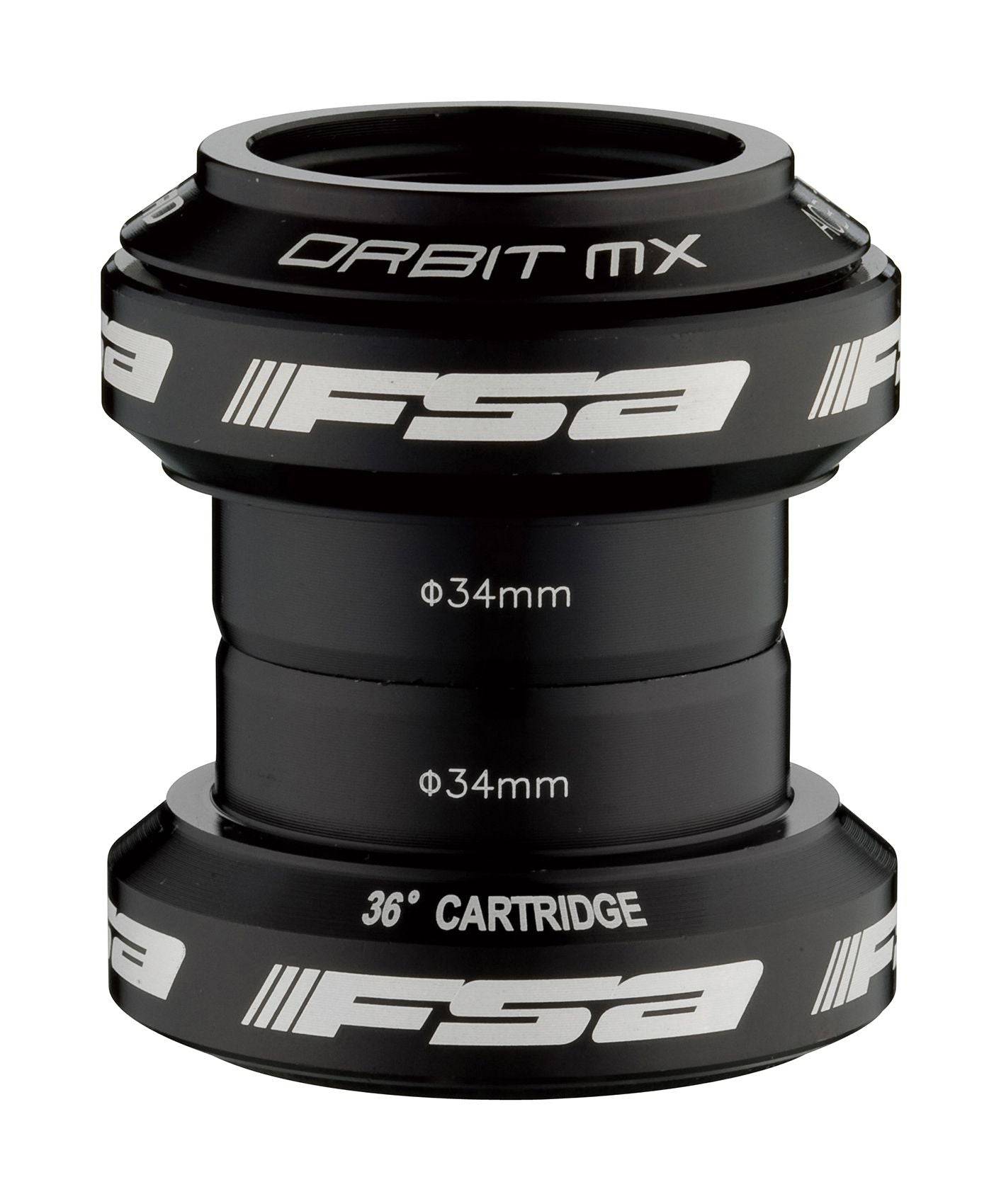 FSA Orbit MX 1.1/8 black headset with 36° angular contact bearings for bicycle steering components.