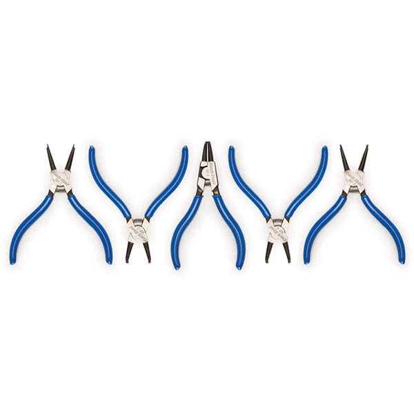 Park Tool RPSET-2 Snap Ring Plier Set with vinyl grips for suspension and hydraulic systems, shown in a workshop setting.