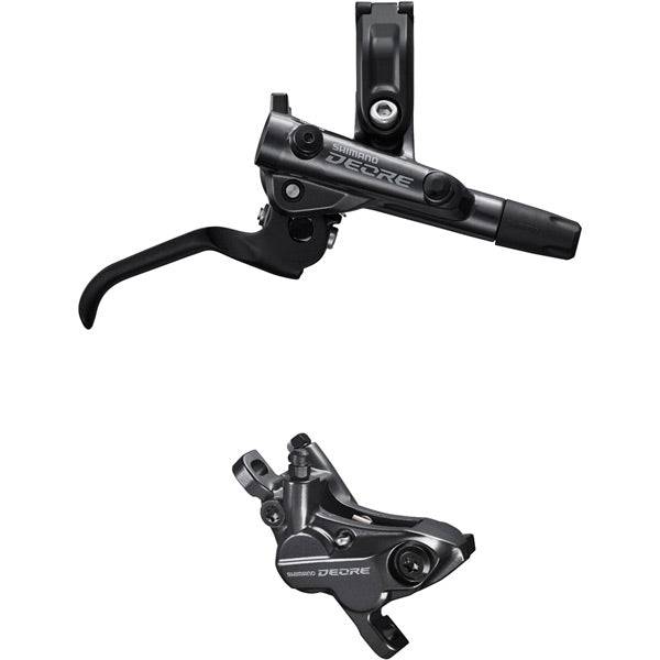 Shimano Deore hydraulic disc brake lever and 4-pot caliper assembly with post mount for mountain bikes.