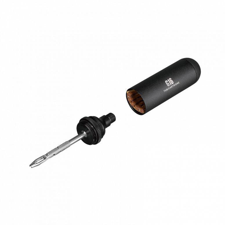Topeak Tubi Cartridge G16 storage box for gravel bike tubeless tire repairs, black, compact component storage accessory.