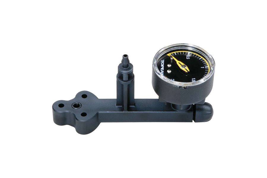 Topeak Spare Pressure Gauge Set for JoeBlow Fat Pump, black and silver accessories, showing the gauge and fittings