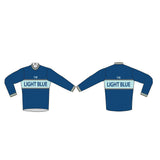 Light Blue Sport merino wool cycling jersey with long sleeves and pockets, designed for comfortable outdoor riding.