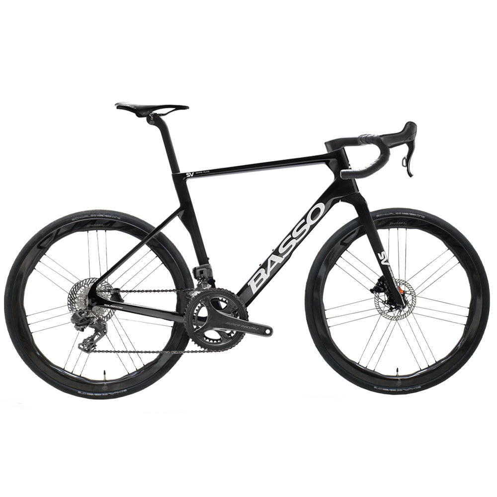 Basso SV Super Record 13-speed wireless road bike with Campagnolo disc brakes, sleek frame, and drop handlebars.
