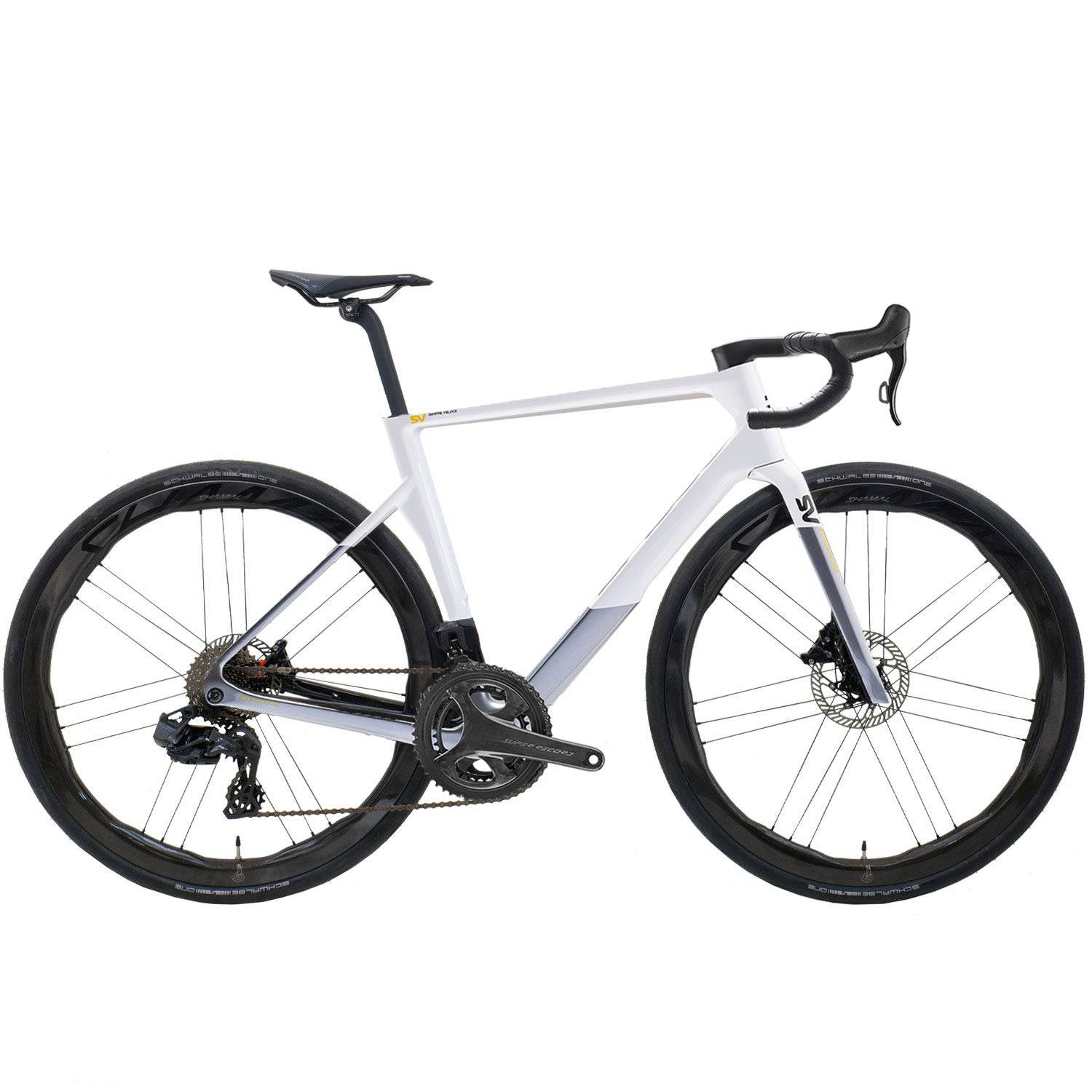 Basso SV Super Record 13x wireless road bike with Campagnolo disc brakes, sleek frame and high-performance cycling design.