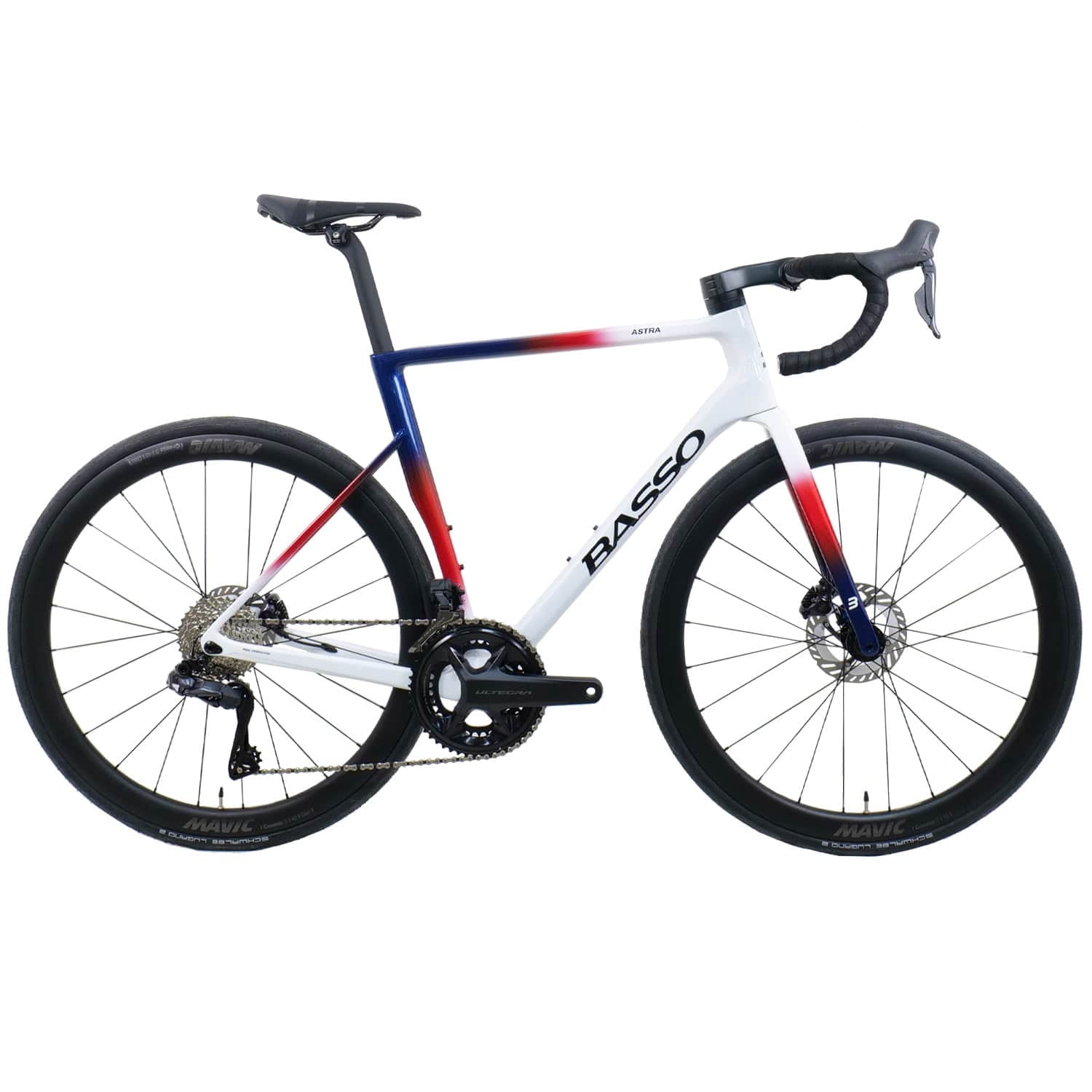 White Basso Astra Ultegra Di2 road bike with Mavic Cosmic S wheels, lightweight and aerodynamic for high-performance cycling.